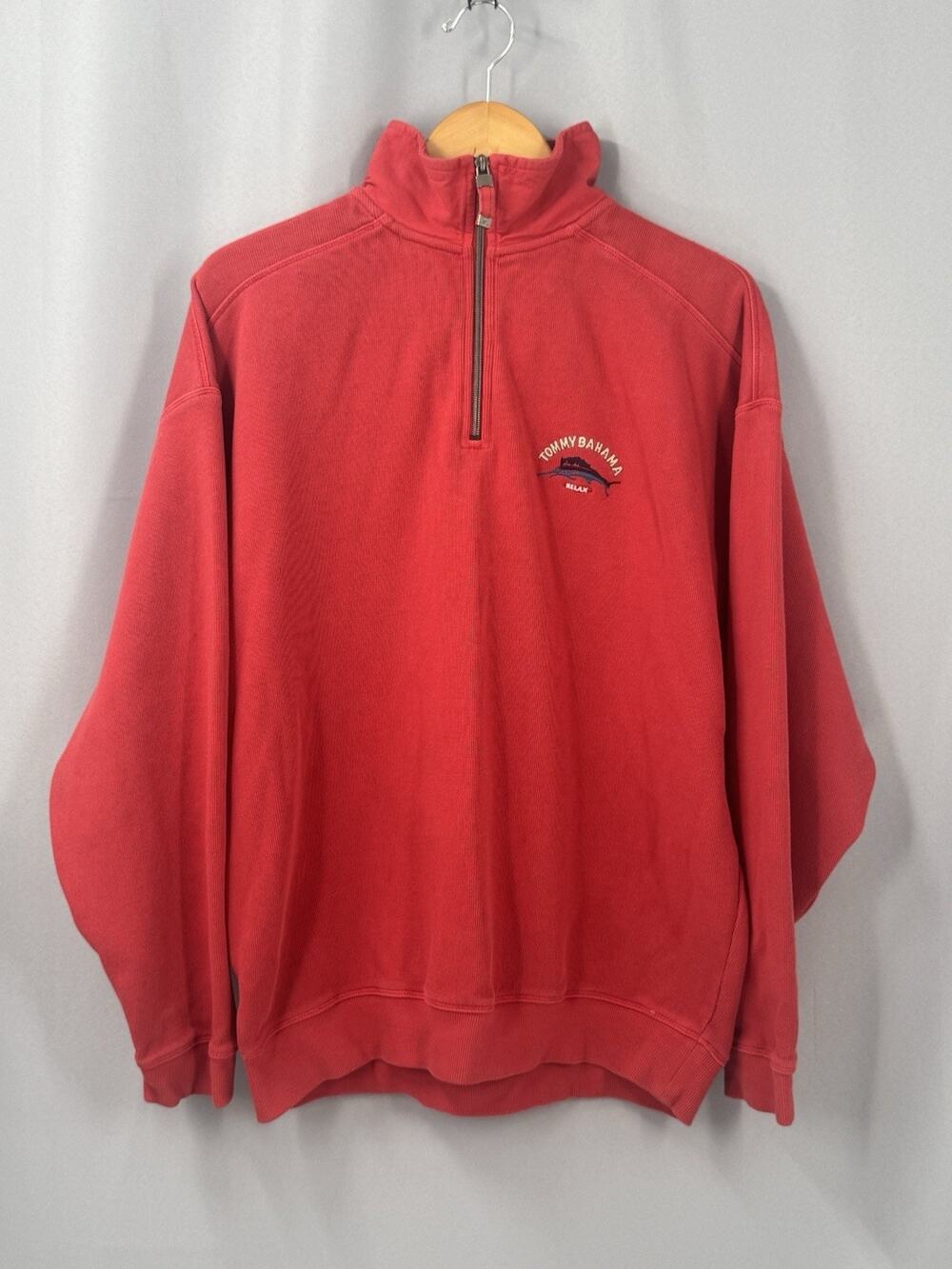 Tommy Bahama Sweater Mens XL Red Long Sleeve 1/4 Zip Embroidered Sailing Preppy